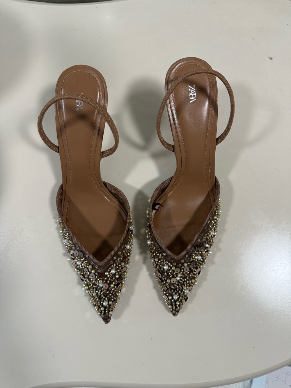 Zara Embellished Brown Pointed-Toe Slingback Heels